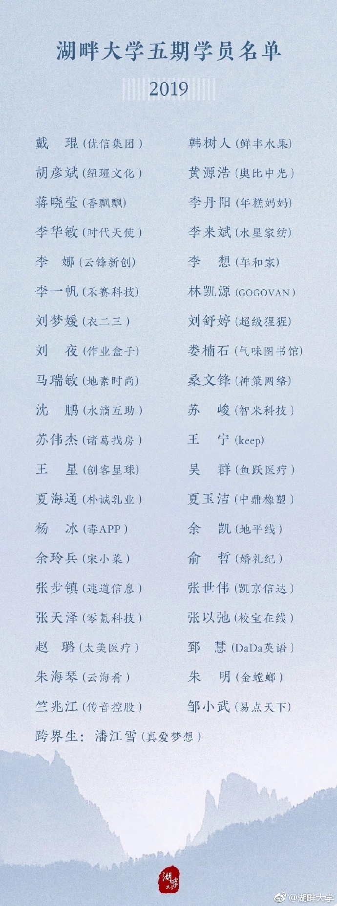 湖畔大学公布五期学员名单：李想戴琨等41人入选