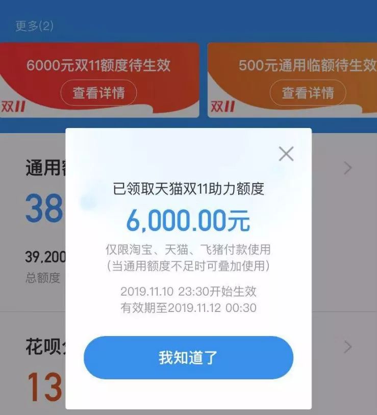 ▲花呗双11临时额度 来源：支付宝截图