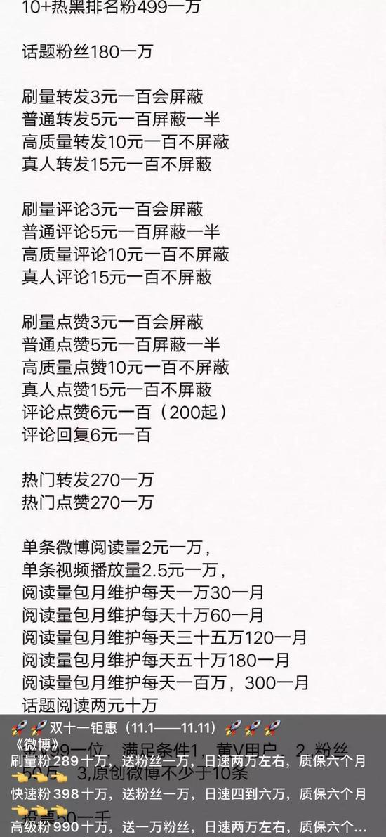 网红提供的机构“刷量”报价