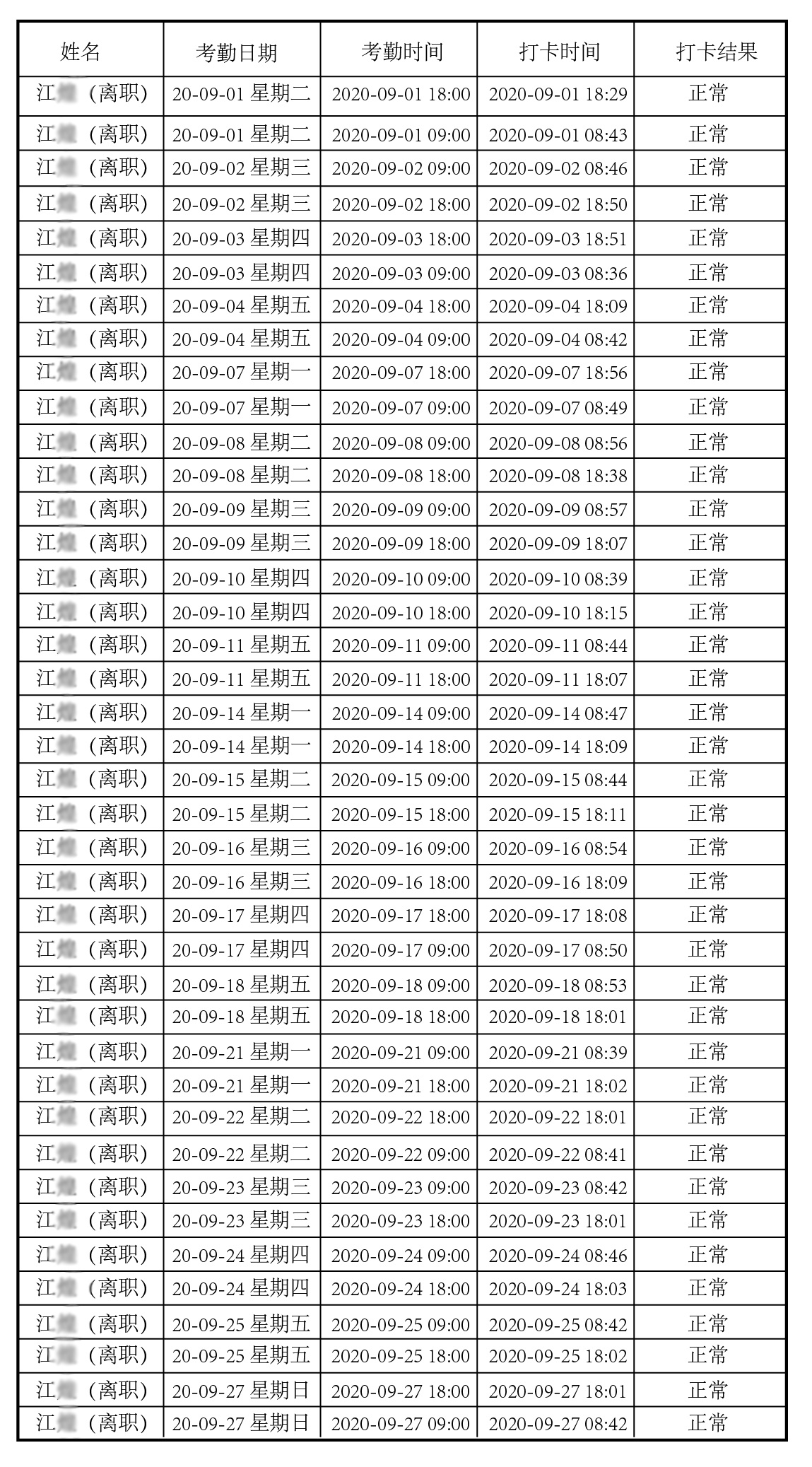 江同学9月考勤时间表