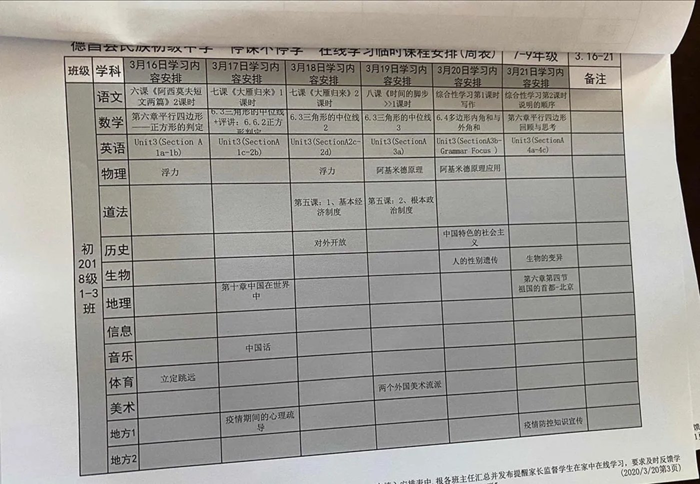 德昌民族中学2020年3.16-21日的线上教学周课表