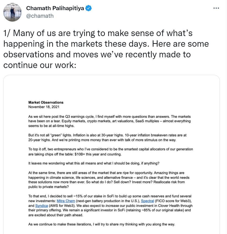 亿万富翁Chamath Palihapitiya出售加密和股票交易平台SoFi 15%的股份