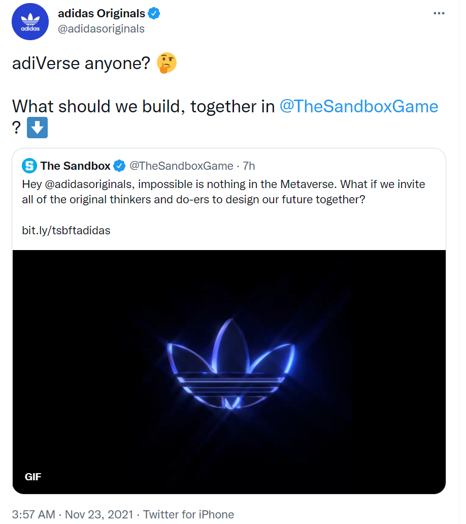 Adidas Originals或登陆NFT虚拟土地项目The Sandbox