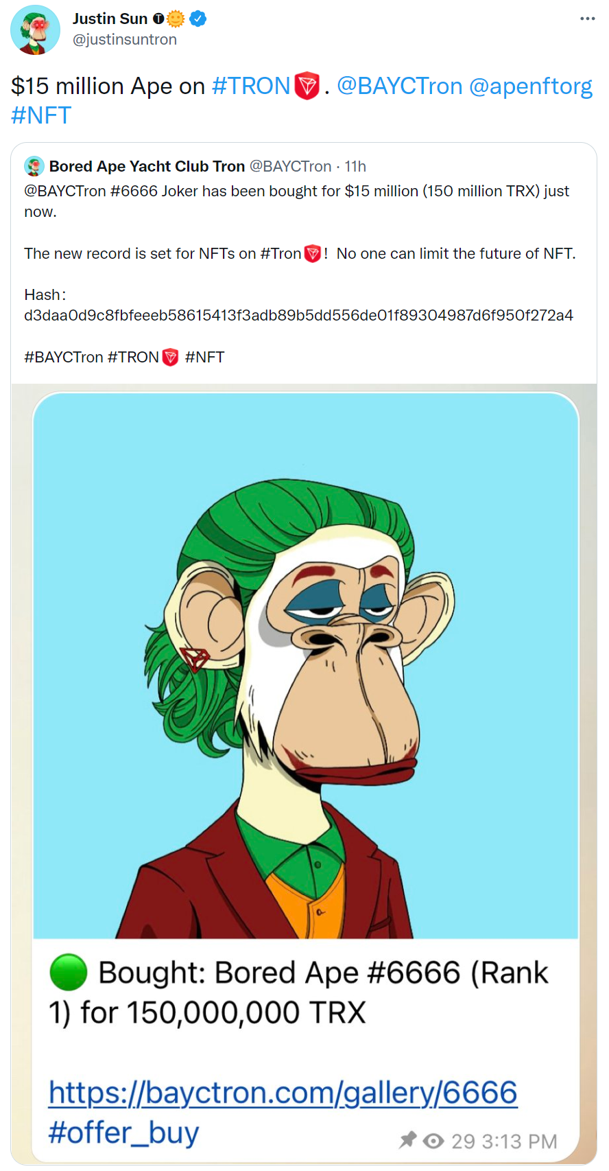 孙宇晨用1500万美元的TRX购买Bored Ape #6666