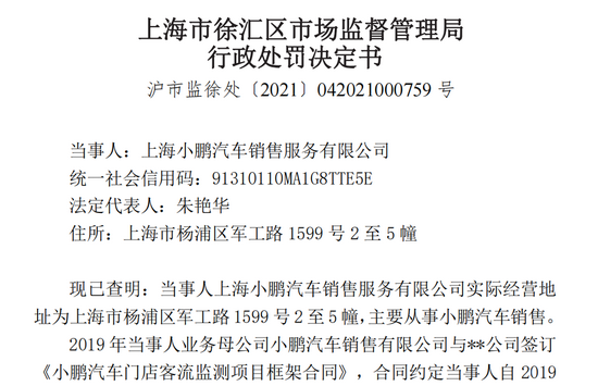 上海小鹏汽车被处罚公告，截图自公告