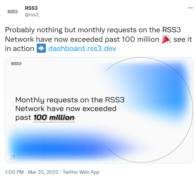 Web3信息基础设施协议RSS3网络节点月请求量超1亿次