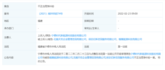 宁德时代起诉蜂巢能源开庭公告，截图自企查查