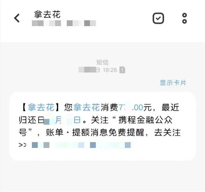 ▲小灵收到的“拿去花”支付短信 受访者提供