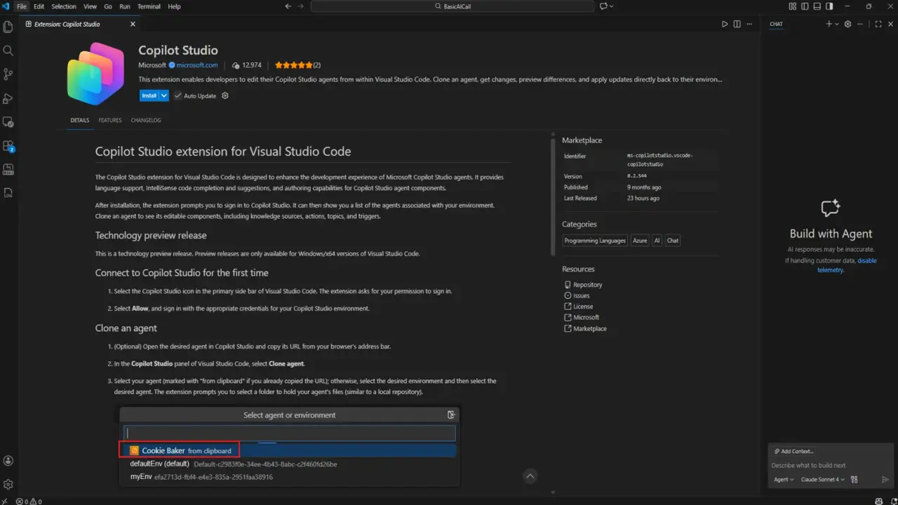 The Copilot Studio extension in VS Code marketplace