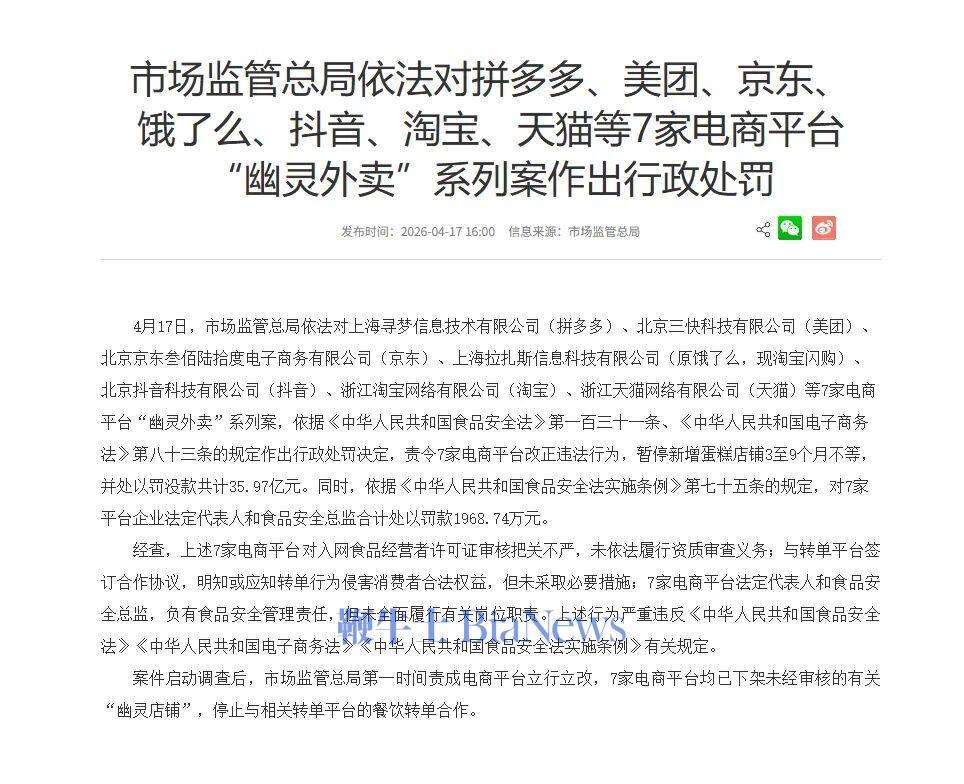 7大电商平台被罚没详情：拼多多15.22亿，美团7.46亿，京东6.35亿，淘宝闪购5.58亿