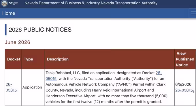 特斯拉向内华达申请 Robotaxi 运营许可,计划一年内投放 5000 辆自动驾驶网约车