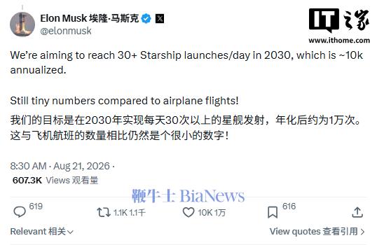马斯克:2030 年 SpaceX 星舰目标每天发射 30 次以上