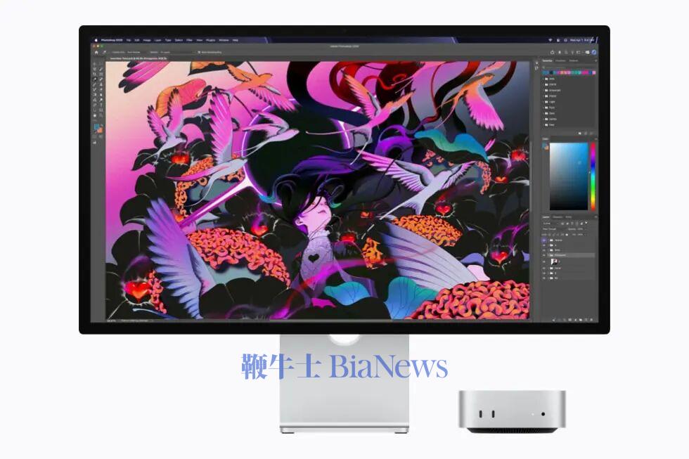配备 Studio Display 的 Mac Studio 上显示着 Adobe Photoshop 中正在编辑的彩色抽象插画。