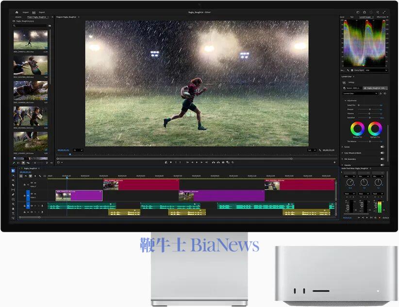 Studio Display XDR，屏幕显示 Adobe Premiere 以及一名运动员雨天在运动场上奔跑的画面；位于显示器下方的 Mac Studio，展示正面视图。