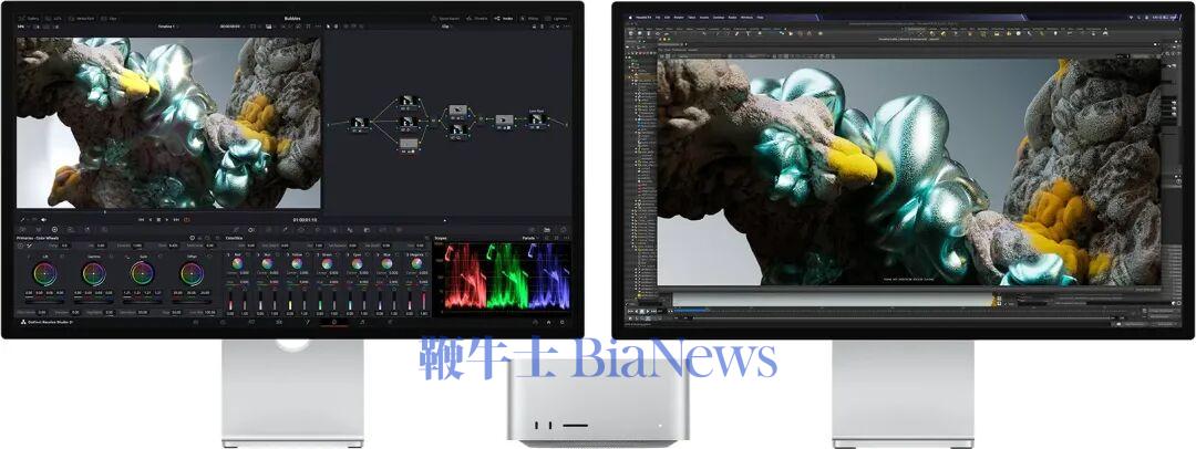 Studio Display，屏幕显示 DaVinci Resolve Studio 中放大的抽象彩色图像；Mac Studio 展示正面视图； Studio Display XDR，屏幕上的 Houdini 和 Maxon Redshift 展示进一步放大的同一图像。
