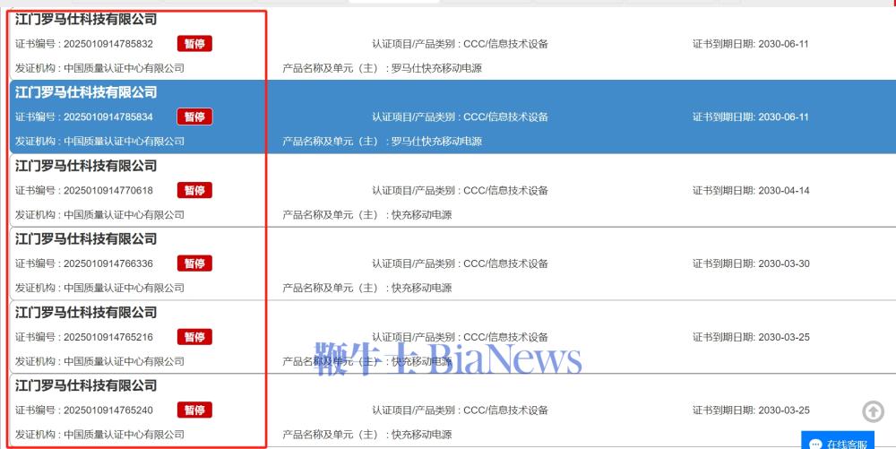 重磅！罗马仕充电宝3C证书几乎全数被撤销！