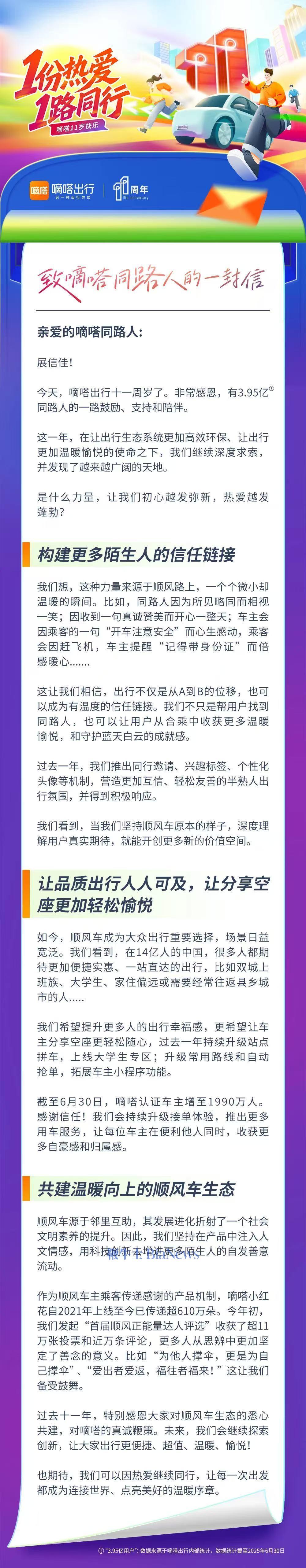 嘀嗒出行11周年：注册用户3.95亿，认证车主1990万