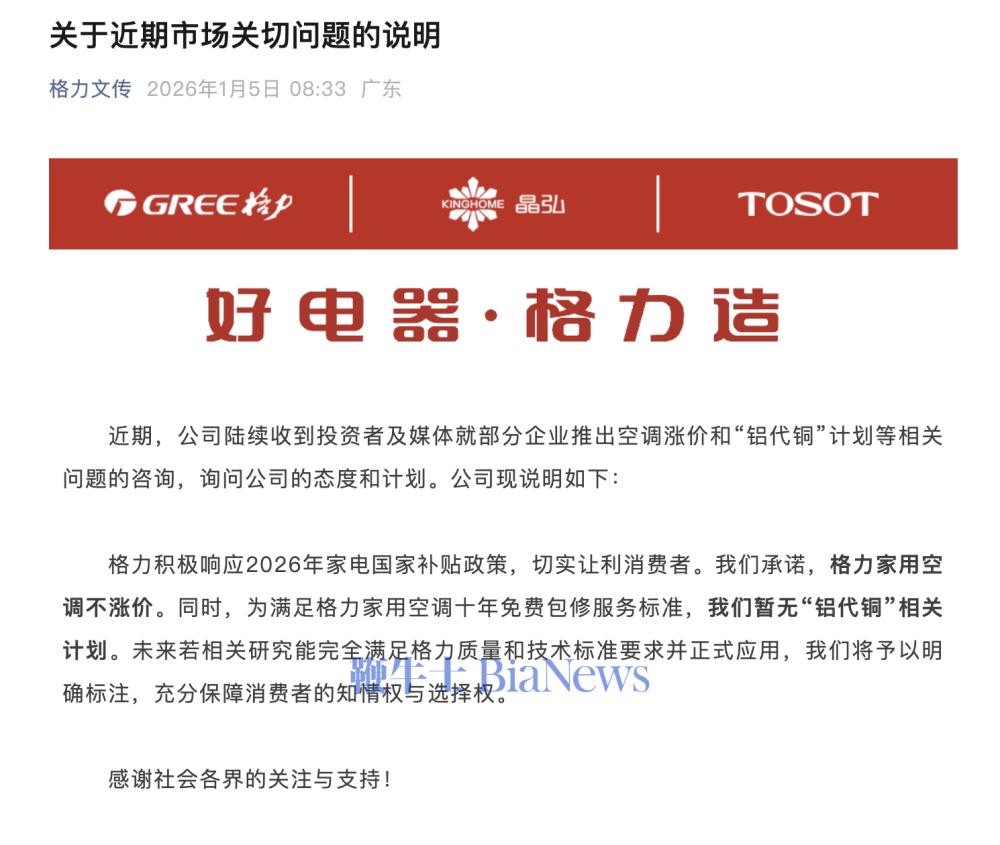 格力电器：家用空调不涨价，暂无「铝代铜」相关计划