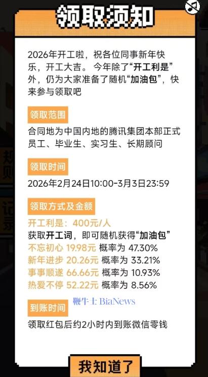 腾讯发开工红包，每人400元