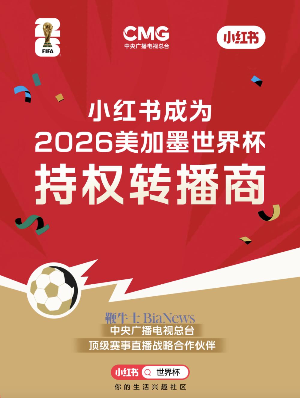 小红书官宣成为2026美加墨世界杯持权转播商
