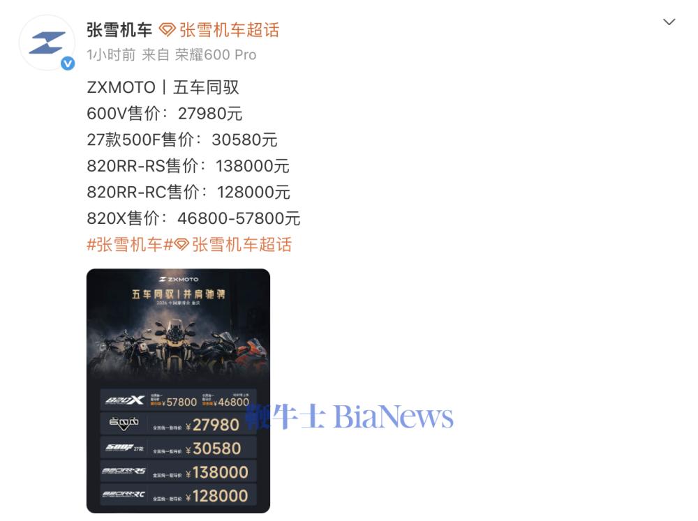 张雪机车发布五款车型，最贵13.8万元