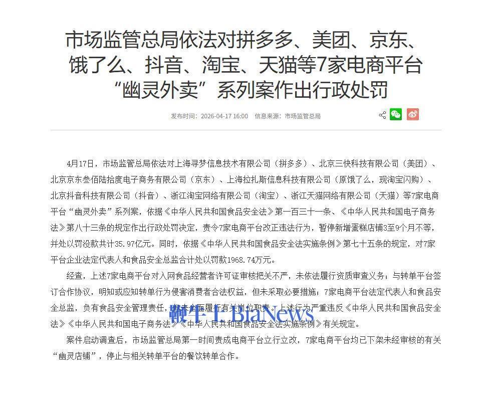 人民日报：一个蛋糕为何引出7大平台35.97亿元罚单
