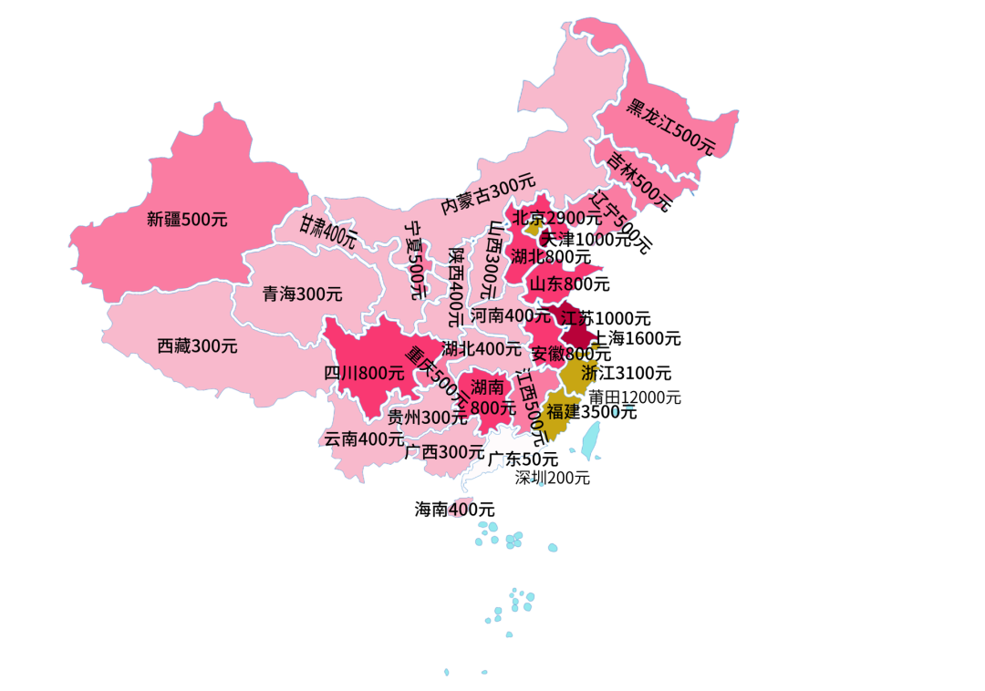 "地图"显示,分省份来看,福建省发红包最大方,平均压岁钱金额达到了